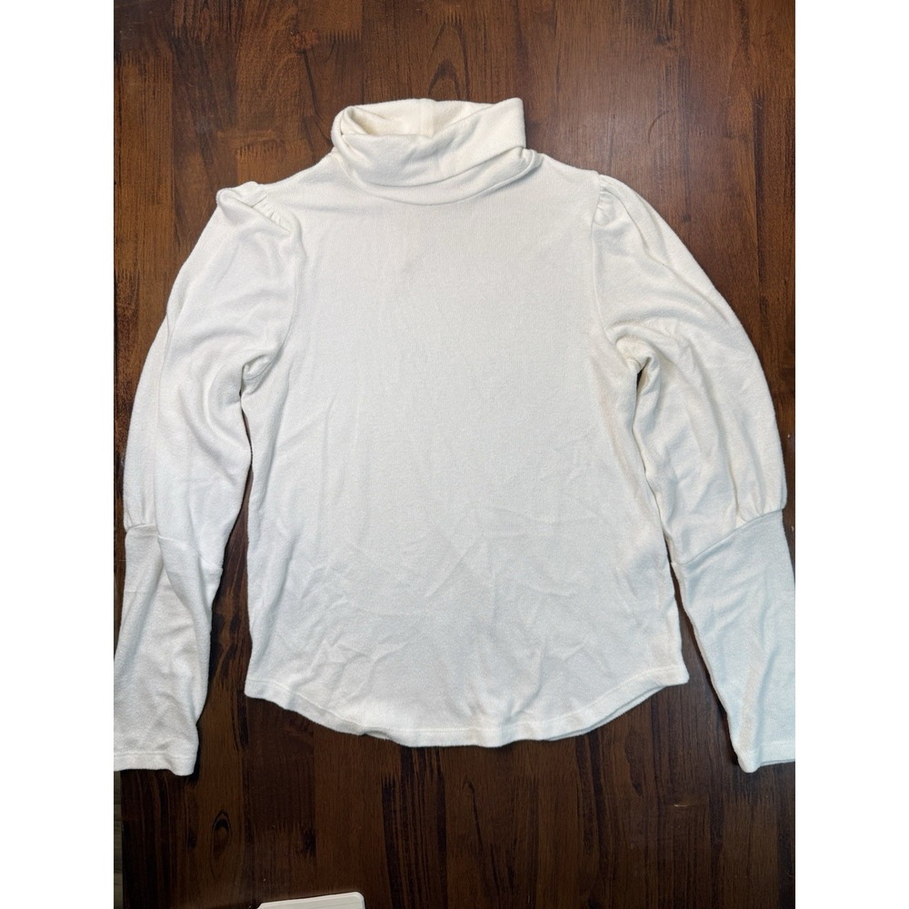 Anthropologie Turtleneck Top XS Cream Puff Sleeve Rib Knit‎